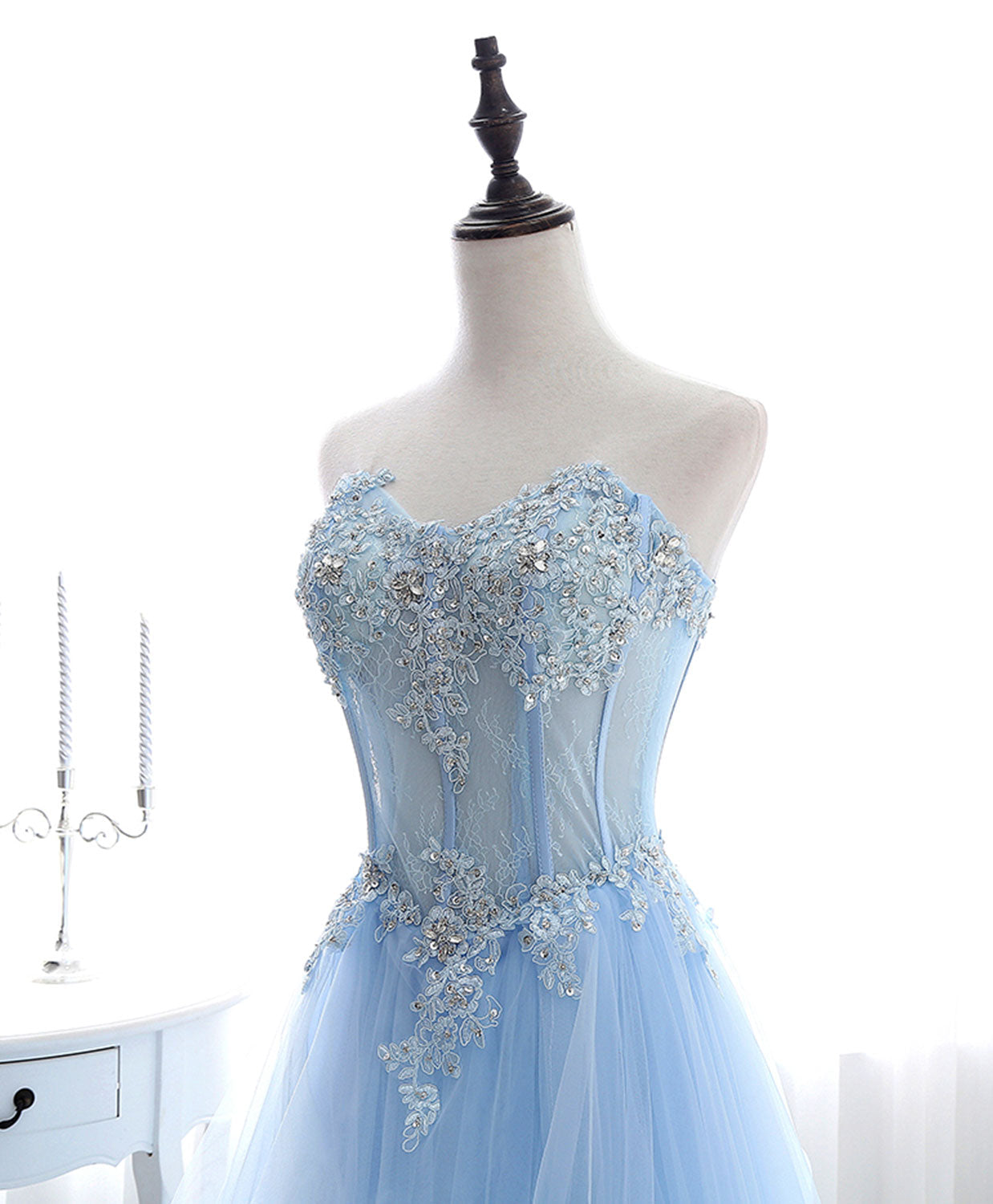 Bow Dress, Blue Long Prom Dresses, Aline Sweetheart Neck Blue Formal Graduation Dresses