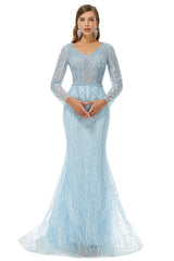 Evenning Dresses Long, Neckline Long Sleeve Mermaid Lace Pattern Tulle Beading Prom Dresses