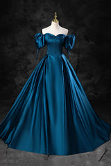 Homecoming Dresses Knee Length, Blue Off the Shoulder Satin Floor Length Prom Dress with Corset, Blue Evening Party Dress