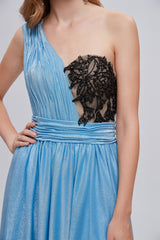 Party Dresses Summer Dresses 2043, Blue One Shoulder Ruched Long Prom Dresses with Applique