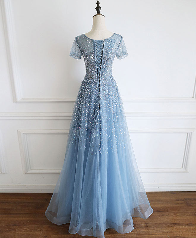 Homecomming Dress Long, Blue Round Neck Tulle Sequin Beads Long Prom Dress Blue Tulle Formal Dress