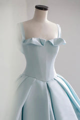 Homecoming Dresses Baby Blue, Blue Satin Long A-Line Formal Dress, Blue Prom Evening Dress