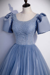 Prom Dresses For Curvy Figure, Blue Scoop Tulle Long Prom Dress, A-Line Short Sleeve Formal Dress