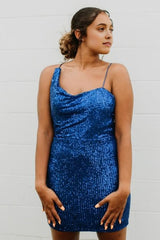 Blue Spaghetti Straps Sequins Homecoming Dress With Criss Cross Back