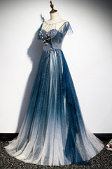 Prom Dress Ballgown, Blue Tulle Beading Long A-Line Prom Dress, Scoop Neckline Evening Dress