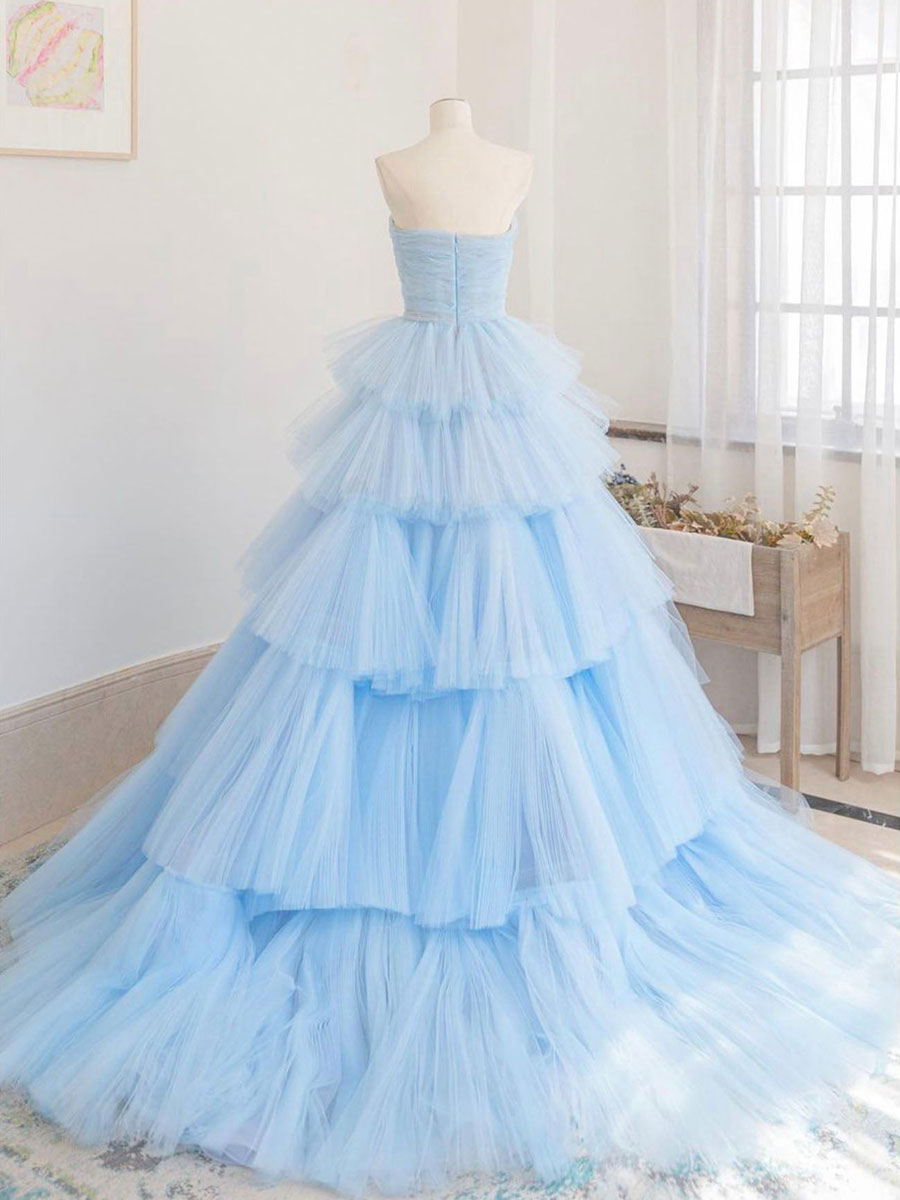 Unique Wedding Ideas, Blue Tulle Long Prom Dress, Blue Tulle Ball Gown Evening Dresses