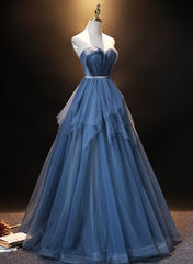 Prom Dress Country, Blue Tulle Sweetheart Simple Pretty Floor Length Party Dress, Blue A-line Evening Dress Prom Dress