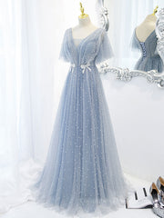 Wedding Photo, Blue v neck tulle beads long prom dress, blue tulle formal dress