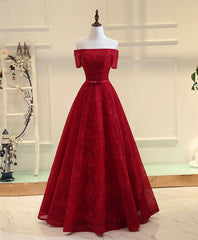 Homecoming, Burgundy a Line Lace Long Prom Dress, Burgundy Evening Dress