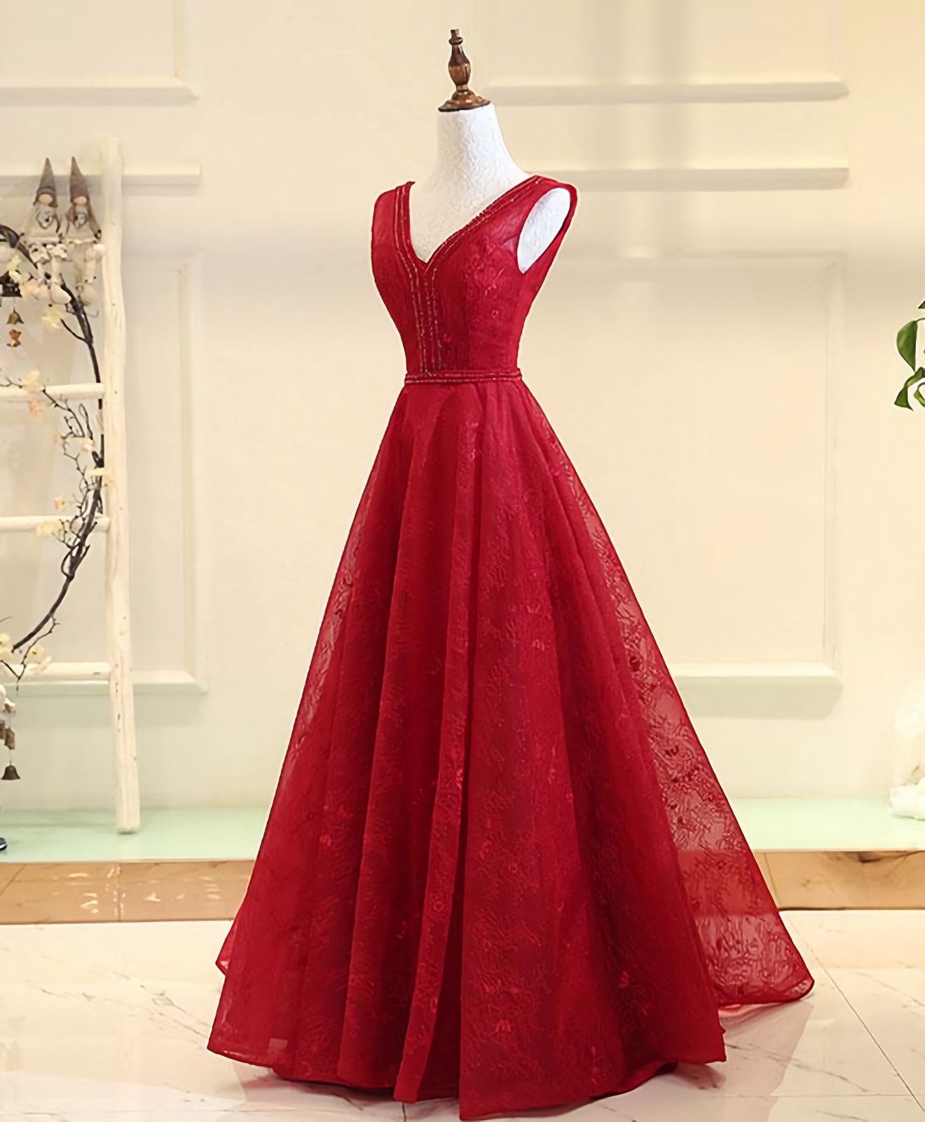 Formal, Burgundy V Neck Lace Long Prom Gown Burgundy Evening Dress