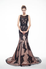 Formals Dresses Long, Brown And Black Memraid Appliques Backless Prom Dresses With Sash