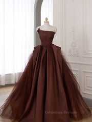 Evening Dresses Wedding, Brown Satin Tulle Long Prom Gown, Brown Long Evening Dresses