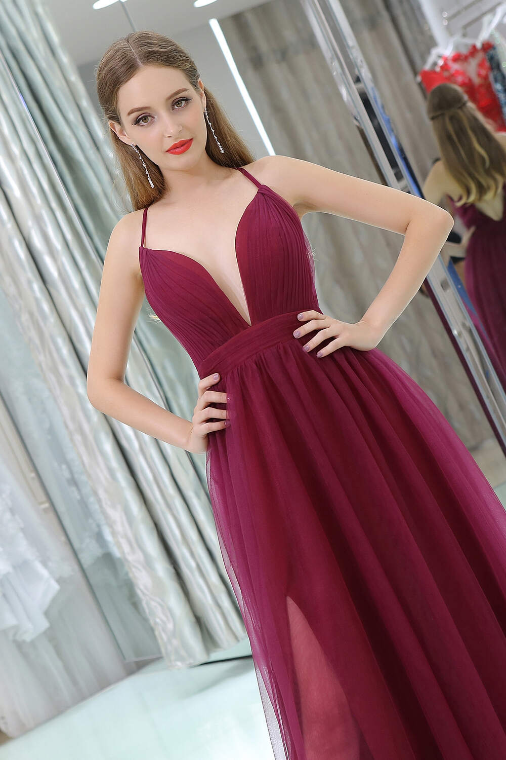 Bridesmaids Dresses For Beach Wedding, Burgundy A Line Floor Length Deep V Neck Sleeveless Side Slit Prom Dresses