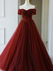 Formal Dress, Burgundy A line Tulle Long Prom Dresses, Burgundy Long Bridesmaid Dresses