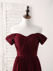 Wedding Color Palette, Burgundy Chiffon Off Shoulder Long Prom Dress Burgundy Bridesmaid Dress