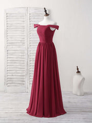 Bridesmaid Dress With Sleeves, Burgundy Chiffon Off Shoulder Long Prom Dress Burgundy Bridesmaid Dress