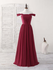 Bridesmaids Dress With Sleeves, Burgundy Chiffon Off Shoulder Long Prom Dress Burgundy Bridesmaid Dress