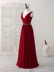 Bridesmaid Dresses Fall Wedding, Burgundy Chiffon V Neck Beads Long Prom Dress Burgundy Evening Dress