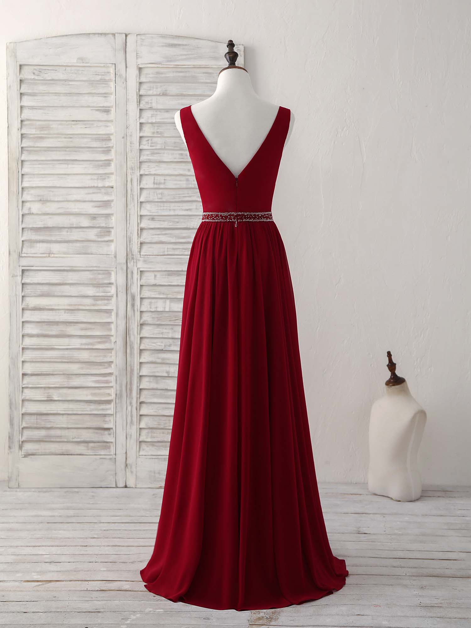 Bridesmaids Dresses Fall Wedding, Burgundy Chiffon V Neck Beads Long Prom Dress Burgundy Evening Dress