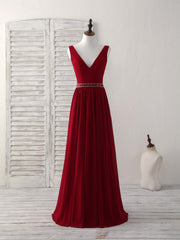 Bridesmaid Dress Fall Wedding, Burgundy Chiffon V Neck Beads Long Prom Dress Burgundy Evening Dress