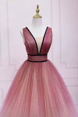 Formal Dress Styles, Burgundy Gradient Tulle Long Evening Dress, A-Line V-Neck Graduation Party Dress