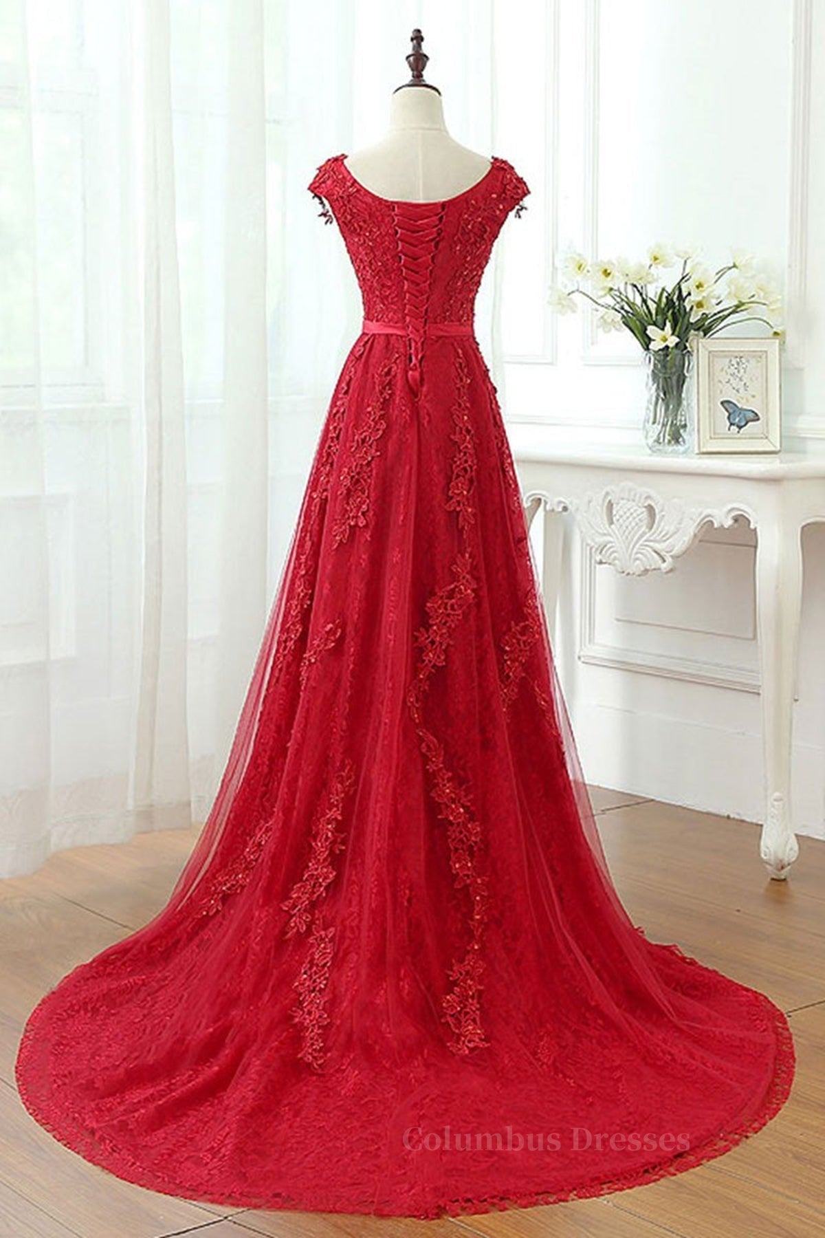 Bridesmaid Dress Blushing Pink, Burgundy Lace Prom Dresses with Train, Wine Red Lace Formal Evening Dresses