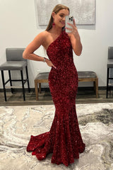 Burgundy Mermaid Sequins Long Prom Dress