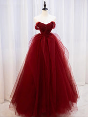 Fancy Dress, Burgundy Off Shoulder Tulle Lace Long Prom Dresses, Burgundy Formal Graduation Dresses