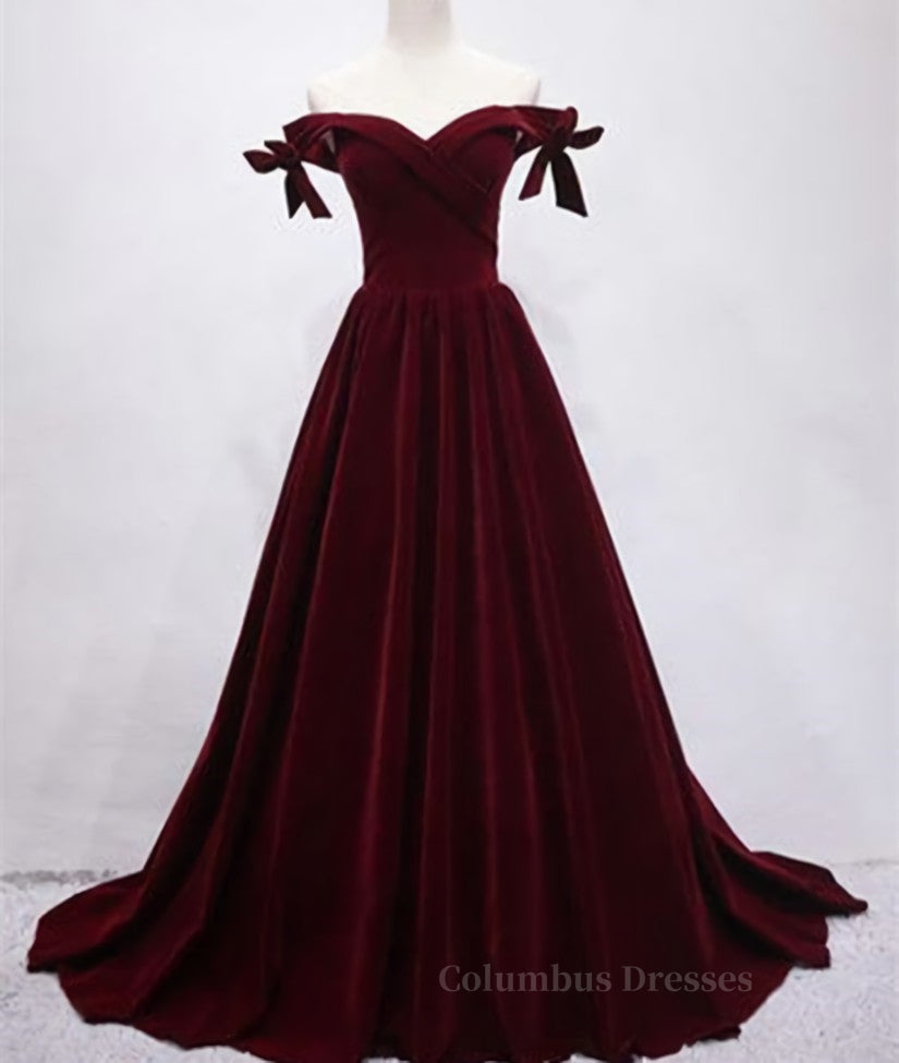 Evening Dresses Suits, Burgundy Off Shoulder Velvet Long Prom Dress, Off Shoulder Burgundy Graduation Dress, Evening Dress