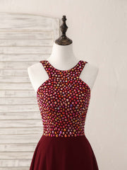 Party Dress On Line, Burgundy Round Neck Chiffon Beads Long Prom Dress