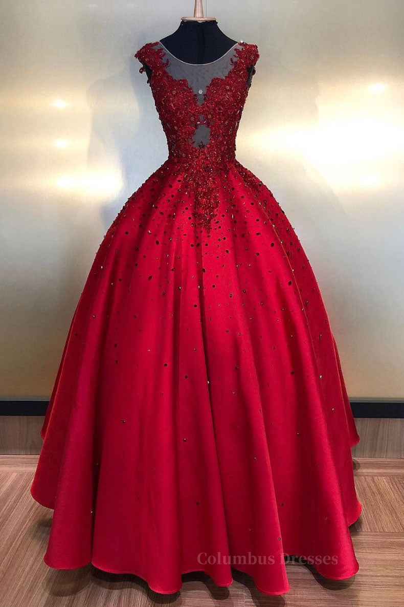 Prom Dresses With Slit, Burgundy round neck lace satin long prom dress burgundy evening dress