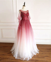 Homecoming Dresses Beautiful, Burgundy Round Neck Tulle Long Prom Dress Burgundy Evening Dress