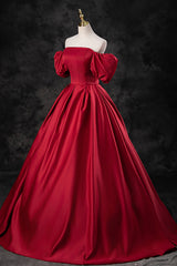 Homecoming Dress Black, Burgundy Satin Long A-Line Prom Dress, Off the Shoulder Evening Party Dress