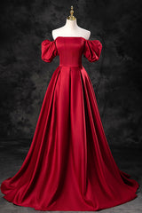 Homecoming Dresses Black, Burgundy Satin Long A-Line Prom Dress, Off the Shoulder Evening Party Dress