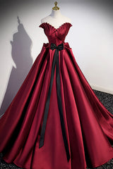 Prom Dresses Different, Burgundy Satin Long Prom Dress, Burgundy A-Line Evening Dress