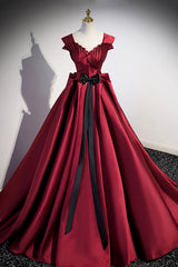 Prom Dresses Princess, Burgundy Satin Long Prom Dress, Burgundy A-Line Evening Dress