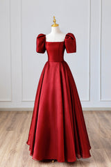 Bridesmaid Dresses Beach, Burgundy Satin Long Prom Dress, Simple A-Line Short Sleeve Evening Dress