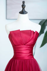 Bridesmaid Dress Beach, Burgundy Satin Tulle Long Prom Dress, A-Line Strapless Evening Dress