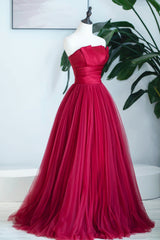 Bridesmaids Dresses Beach, Burgundy Satin Tulle Long Prom Dress, A-Line Strapless Evening Dress