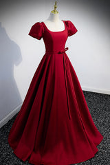 Evening Dresses Gowns, Burgundy Scoop Neckline Satin Long Prom Dress, Short Sleeve Evening Dress