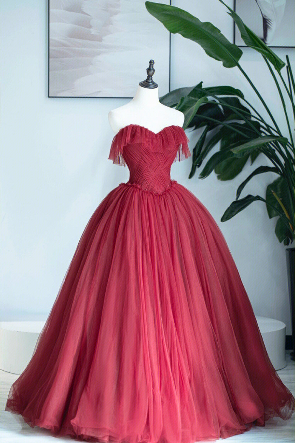 Bridesmaides Dresses Blue, Burgundy Strapless Tulle Long Formal Dress, Sweetheart Neckline Evening Dress