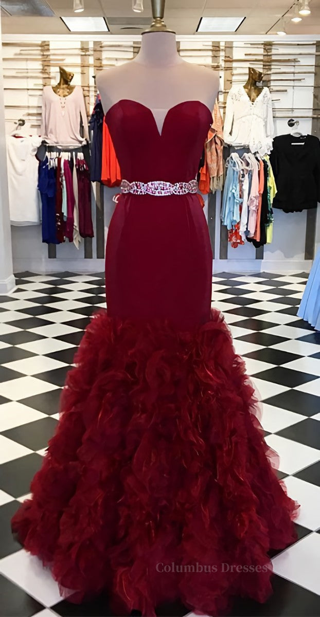 Party Dresses Formal, Burgundy sweetheart mermaid long prom dress, burgundy evening dress