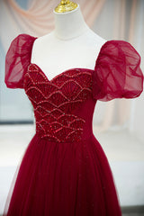 Bridesmaid Dresses Burgundy, Burgundy Tulle Beaded Long Prom Dress, A-Line Short Sleeve Evening Dress