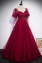 Prom Dresse Backless, Burgundy Tulle Beaded Long Sleeve Prom Dress, A-Line Evening Graduation Dress