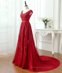 Ball Dress, Burgundy tulle lace applique long prom dress, burgundy evening dress