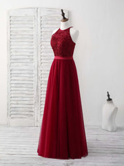 Wedding Invitations, Burgundy Tulle Lace Long Prom Dress, Burgundy Bridesmaid Dress