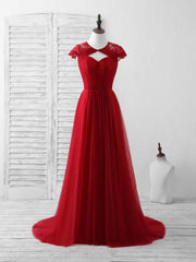 Bridesmaids Dresses Websites, Burgundy Tulle Lace Long Prom Dress Burgundy Evening Dress