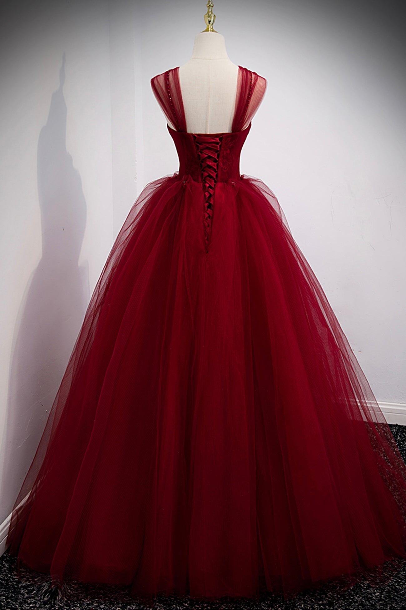 Evening Dresses Open Back, Burgundy Tulle Long A-Line Evening Dress, Off the Shoulder Formal Party Dress