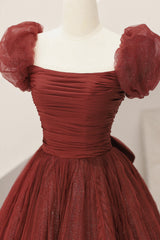 Gold Dress, Burgundy Tulle Long A-Line Prom Dress, Cute Short Sleeve Evening Dress