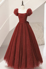 Unique Prom Dress, Burgundy Tulle Long A-Line Prom Dress, Cute Short Sleeve Evening Dress